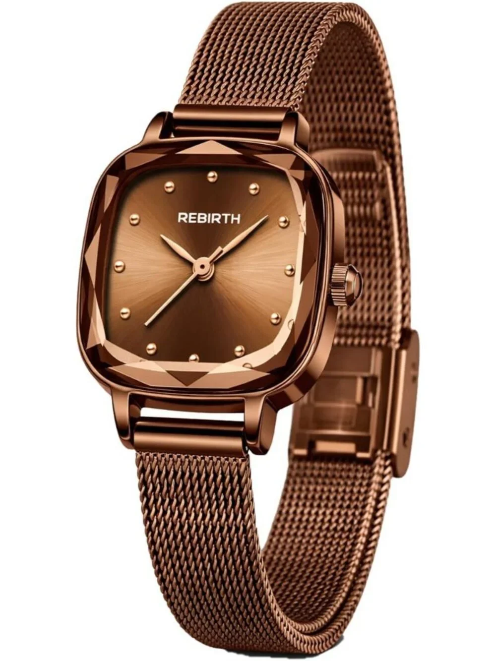 Women's Coffee Gold Square Minimalist Dial Mesh Band Crystal Case Wrist Watch